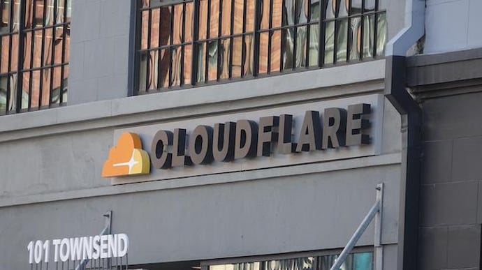 Logo on facade at headquarters of Cloudflare in San Francisco, Calif.