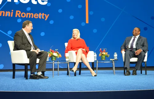 IBM CEO Ginni Rometty with Gartner analysts Dennis Gaughan (left) and Daryl Plummer\r\n(Source: Scott Ferguson for Security Now)\r\n