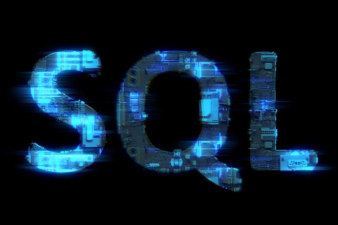 soft focus glitch electrical light cybernetical blue text of letters SQL, isolated on black background