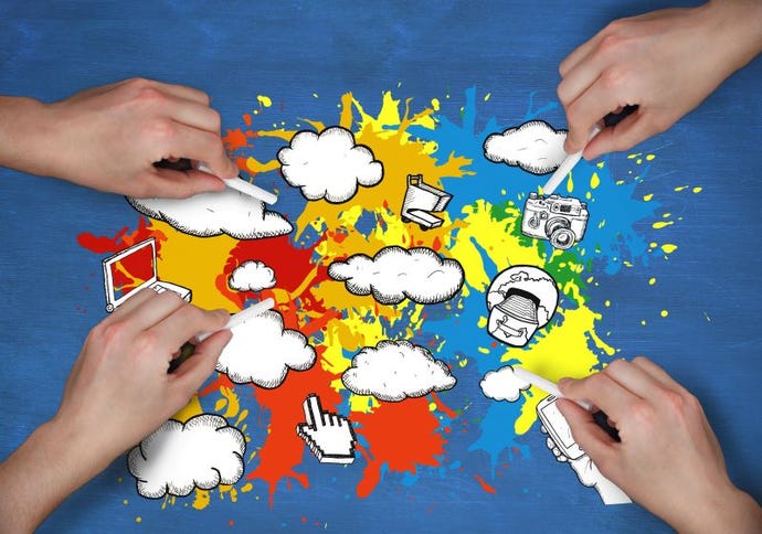Photo depicting a multicloud strategy, with four hands drawing the concept with chalk.