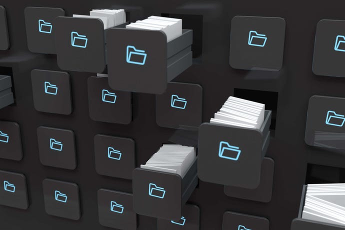 Illustration of a digital card catalog where various drawers are open and cards are spilling out