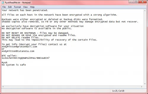 An example of a Ryuk ransomware message\r\n(Source: Check Point Research)\r\n