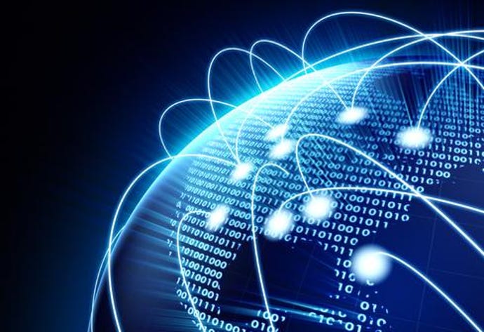 Points on a global connected by lines to show a network.