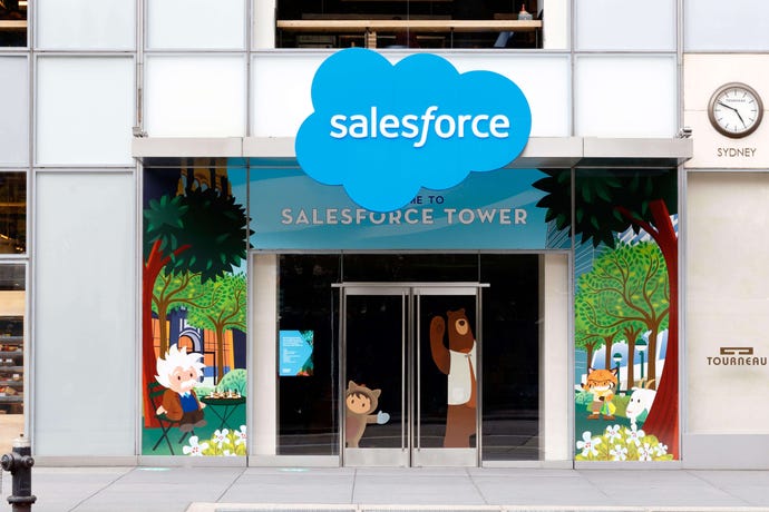 The front entrance of Salesforce Tower in New York, with cartoon figures of a pair of bears waving at the door