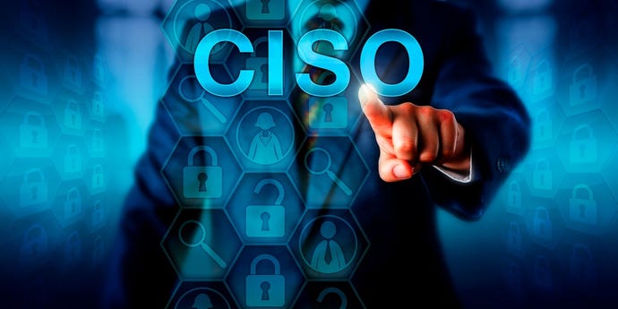 a cybersecurity concept image with a man in a suit pointing and the word "CISO" written above it.