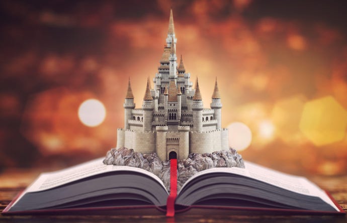 Illustration of a fairy tale castle popping up out of a book