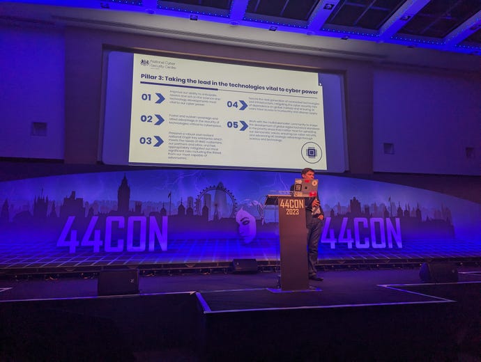 NCSC's Paul Chichester speaking on stage at 44CON in London