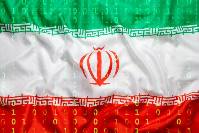 The Iranian flag with binary code running over it