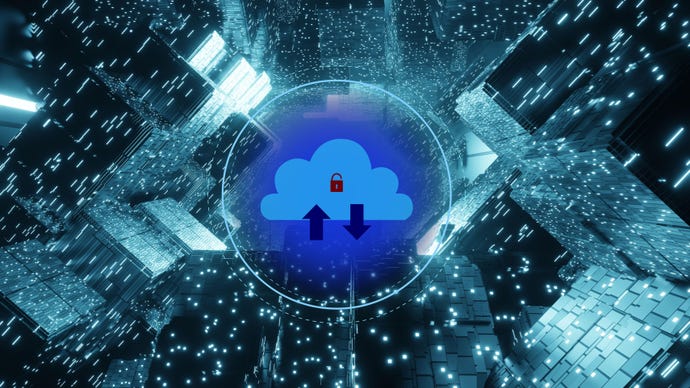 Image depicting a cloud security with a lock amid a sea of city buildings