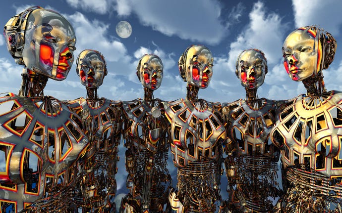 Image of 6 shiny gold artificial intelligence robots against a blue sky with the earth in the distance