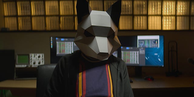 An anonymous man wearing a low-poly gray wolf mask, with computer monitors behind him