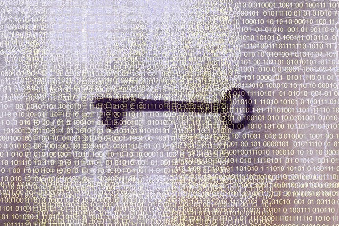 Photo illustration of a skeleton key partially obscured by an overlay of 0s and 1s in binary code