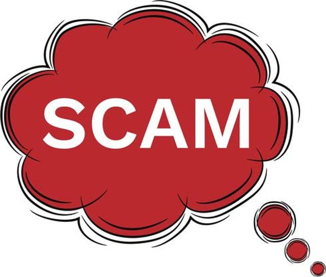 A red thought bubble with the word Scam written in white.