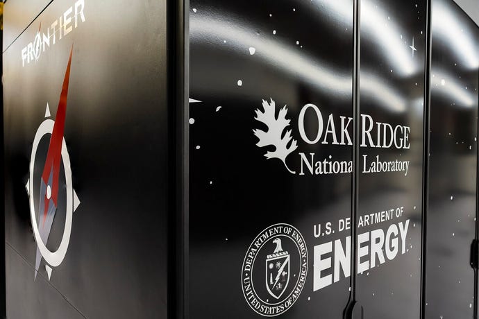 Oak Ridge National Laboratories logo printed in white on the side of a black server 