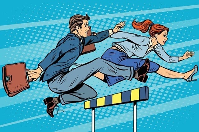 Two pop art style businesspeople jumping over a track hurdle together