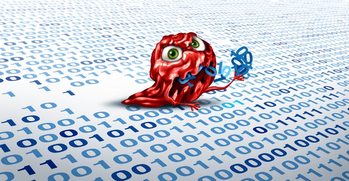 Cartoon of a red globby mean creature emerging from a background with ones and zeroes