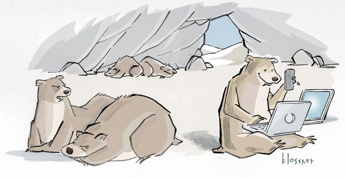 Caption contest for cartoon of bears asleep except for one smiling using a laptop & phone and two annoyed bears behind him
