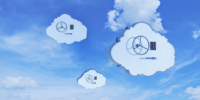 Illustration of data cloud protection and security, where three cartoon clouds with locks and keypads float in blue sky
