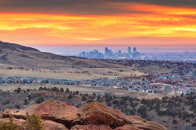 Denver, Colorado, USA downtown skyline viewed from Red Rocks at dawn.