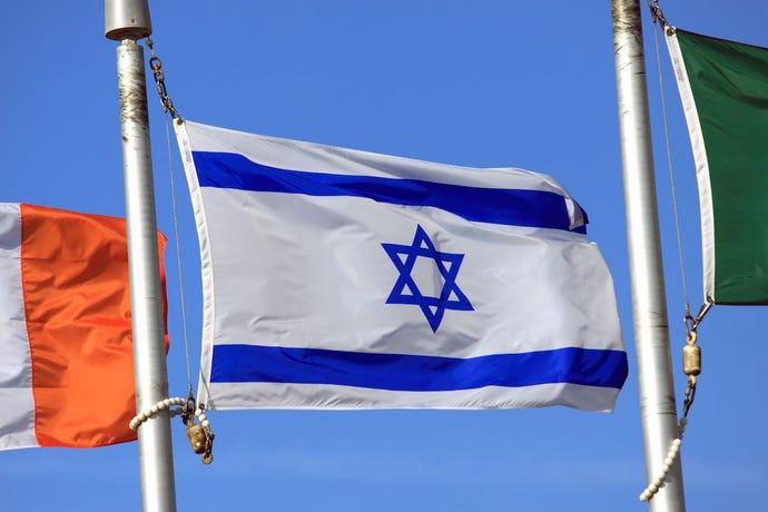 Israeli flag waving on a post.