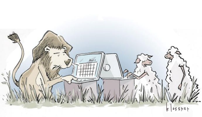 Cartoon contest to describe a lion looking at a spreadsheet on a laptop, with two sheep on another laptop saying something.
