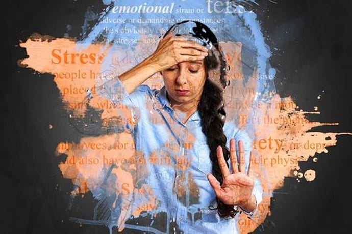 Illustration of a woman with a long dark braid closing her eyes and holding up her hand to ward off stress