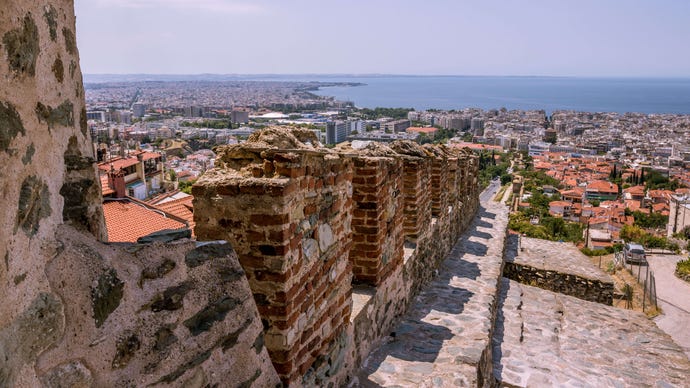 Castle Overlooking The City Of Thessaloníki, Greece, with a view of the harbor
