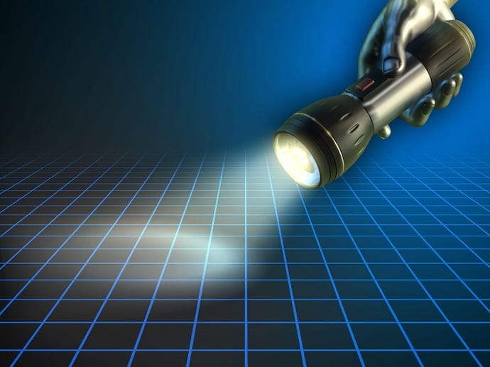 flashlight shining on a blue digital grid