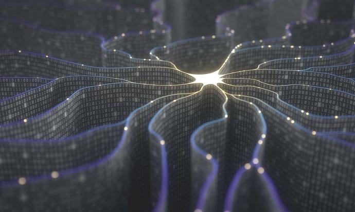 Artificial neuron in concept of artificial intelligence making transmission lines of data.