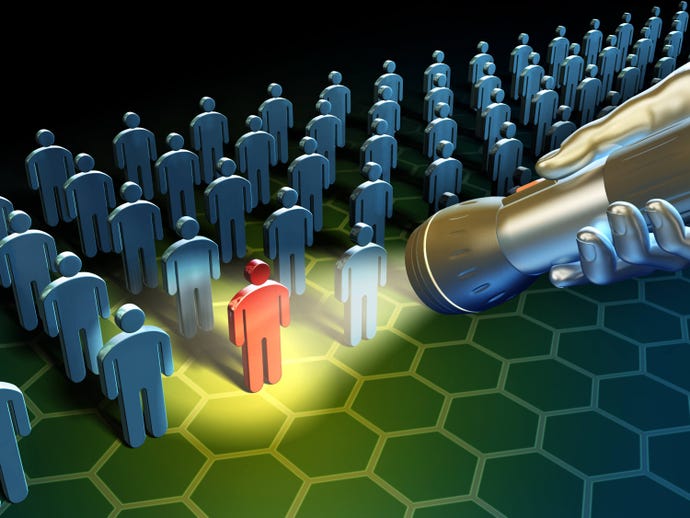Illustration of someone searching with a flashlight to reveal one malicious user in a crowd