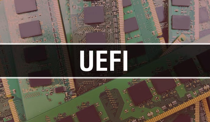 The word UEFI with electronic components on integrated circuit board background