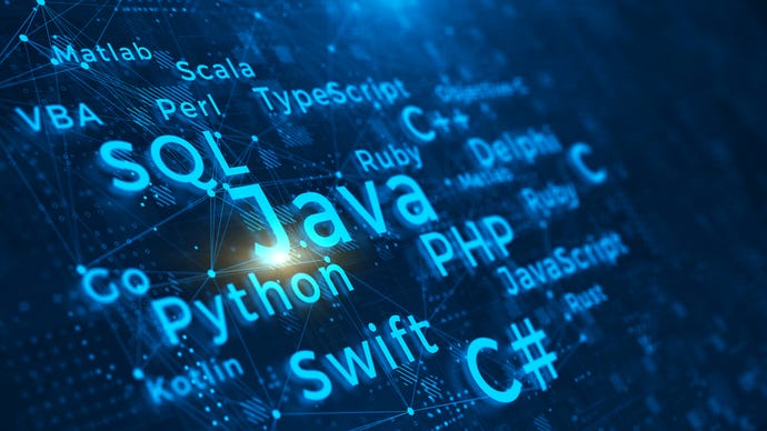 a screen with a the names of a bunch of coding languages written in blue such as "Python" "Java" and "C#"