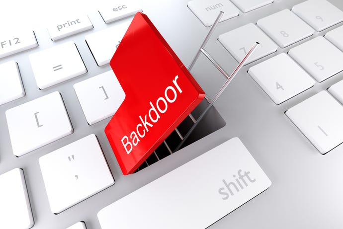 white computer keyboard with red "backdoor" key opening like a door