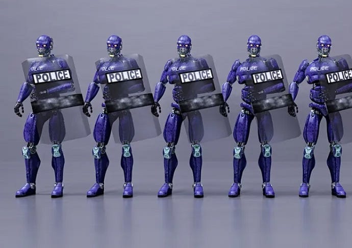 Futuristic robot police holding shields.