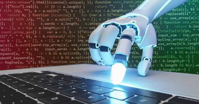 Robotic hand touching a keyboard