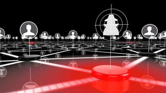 Dark network with glowing red node targeting a hacker information security 3D illustration.