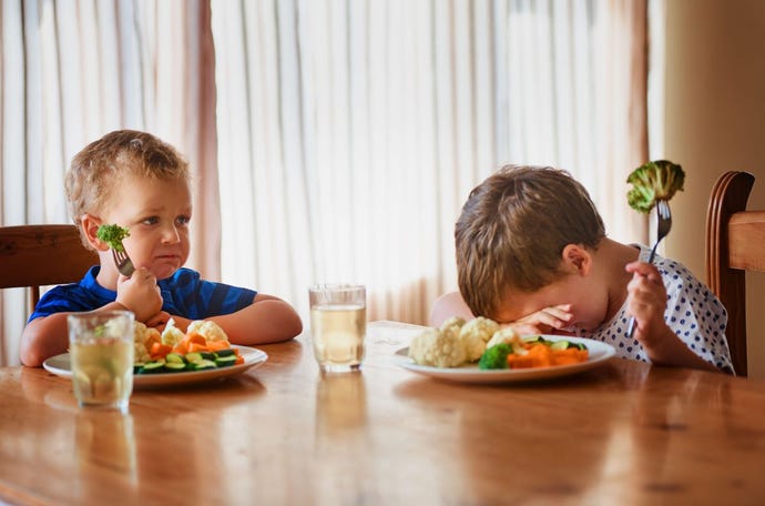 Photo of two unhappy little boys refusing to eat their vegetables at the dinner table