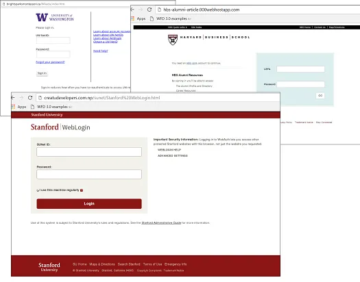 Example of fake university websites used in phishing campaigns\r\n(Source: Kaspersky)\r\n