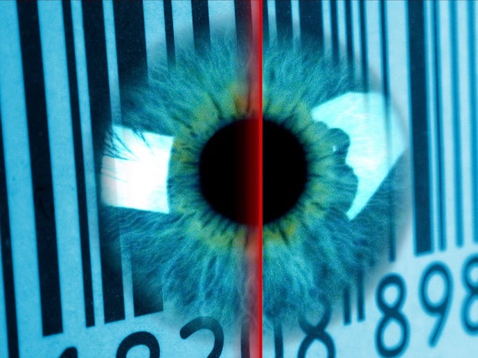 Eye being scanned with barcode in the background concept art.