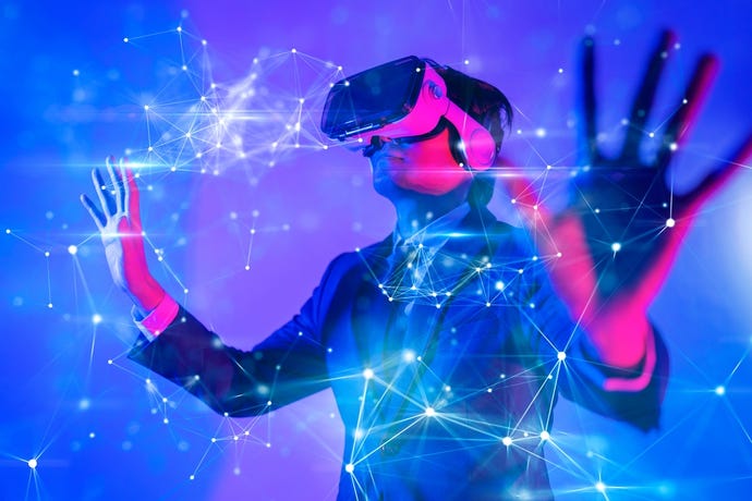 metaverse concept. man with virtual reality VR goggle playing AR augmented reality game