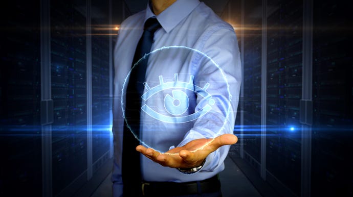 Concept art of cyber spying man in tie holding digital eye