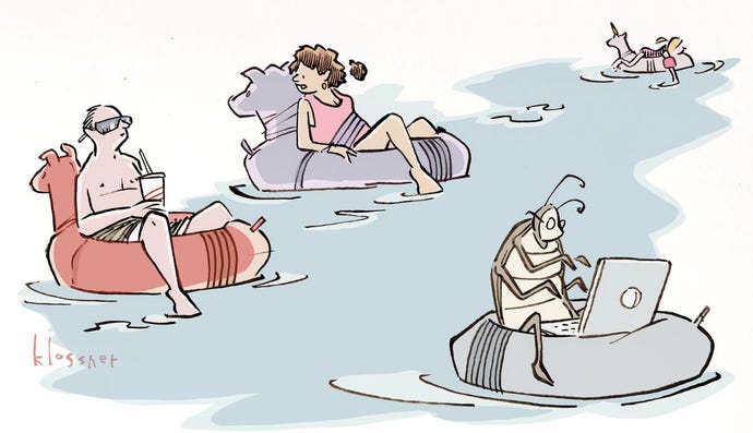 People floating in tubes in the water. There's also a bug wearing glasses using a laptop and floating in a tube.