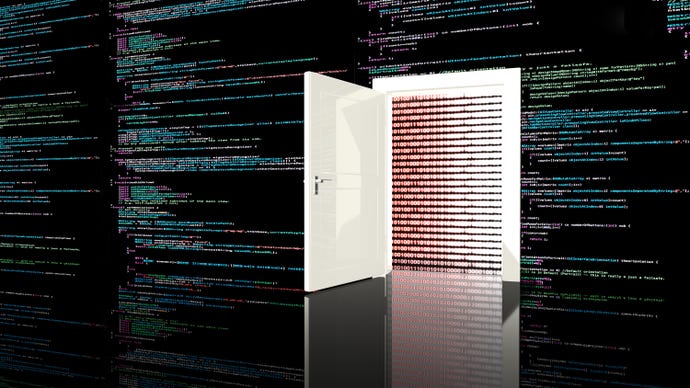 Door in a wall in a black room painted with computer code leading to a digital red background