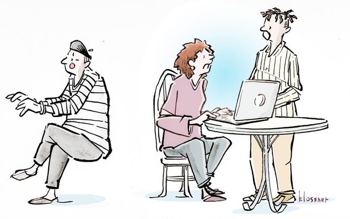 Caption contest for cartoon of woman seated at table with laptop and talking to man. To her left is a mime pretending to type