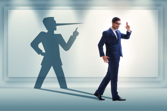 Concept of businessman liar and his shadow, which shows a growing nose a la Pinocchio