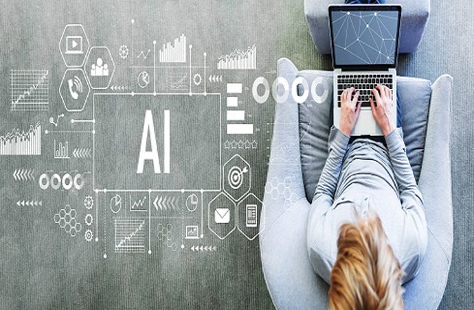 Image shows someone working at laptop on the right of the image with the words "AI" to the left of the image
