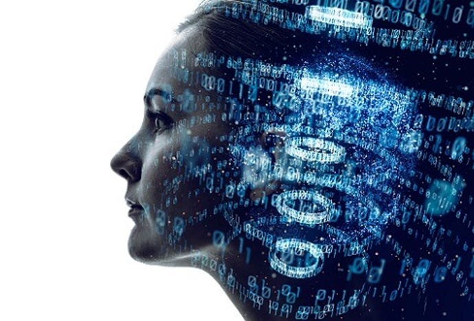 a woman's face fading into an abstract image of blue and white code