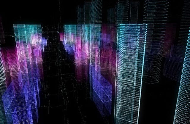 Abstract digital hologram 3D illustration of city with futuristic matrix