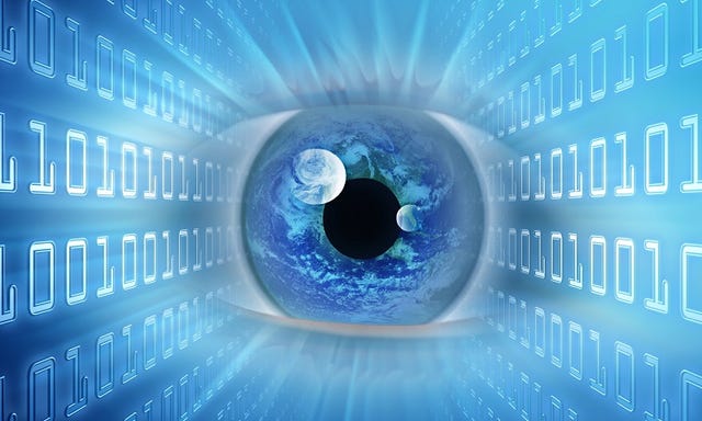 An eye peering out in a blue tunnel filled with zeros and ones