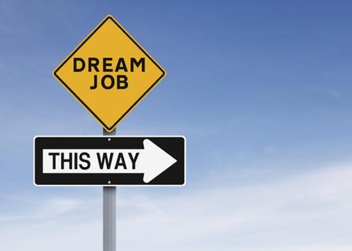 Signs saying "dream job" and "this way"